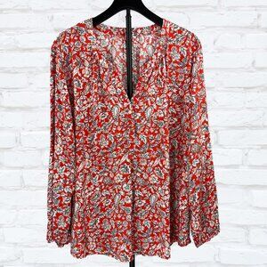Red White and Blue Floral Rayon Blouse XXL Boho Top